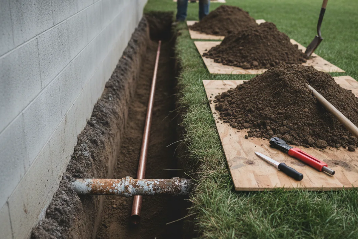 Excavated water line trench during Sewer Line Repair in Peterborough